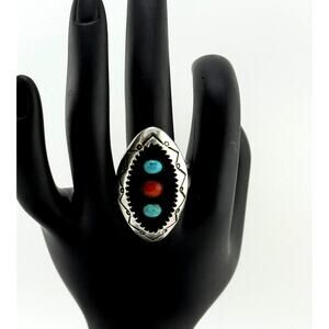 Navajo Vintage Signed 925 Sterling Silver Turquoise, Coral Size 10 Ring